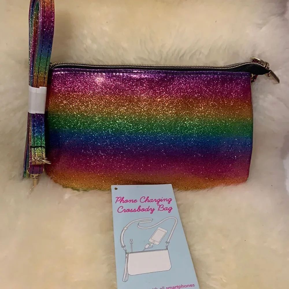 Rainbow glitter phone charging crossbody purse